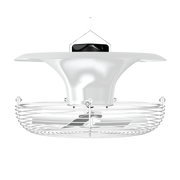 J&D JD360 18" destratification fan in white with diverting cone, guard and hanger