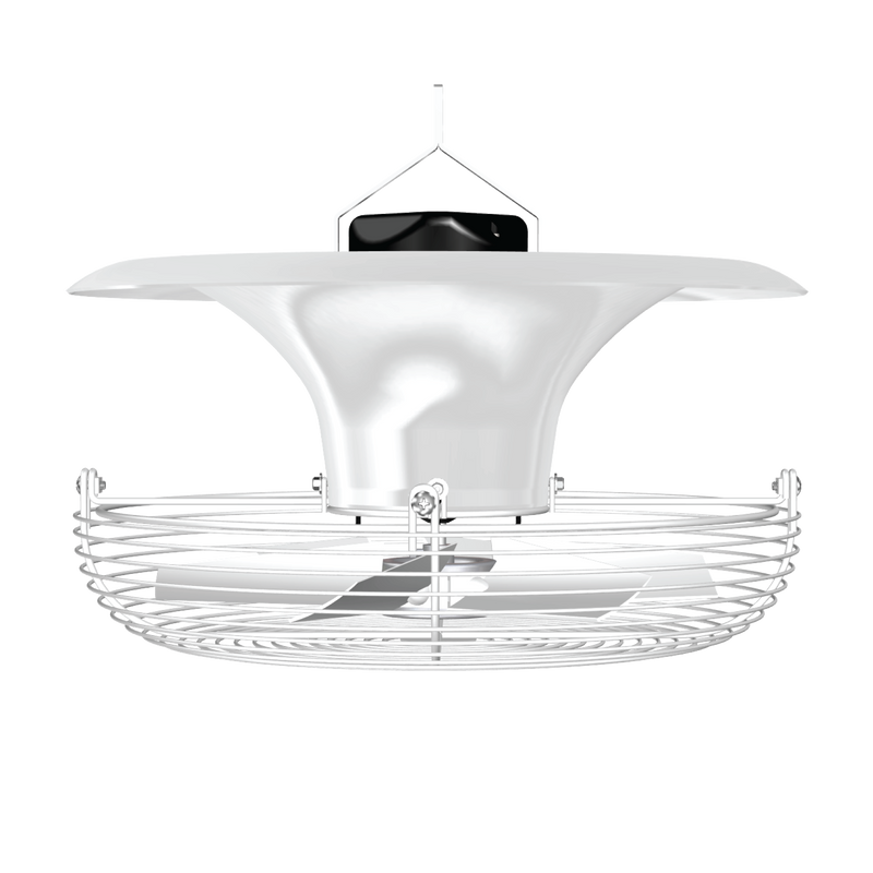 J&D JD360 18" destratification fan in white with diverting cone, guard and hanger
