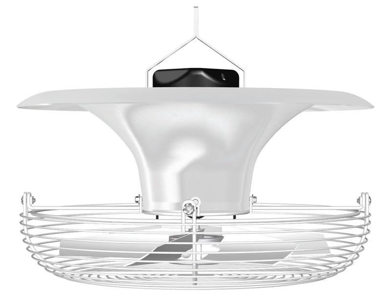 J&D JD360 destratification fan, side view of the guard, motor and cone