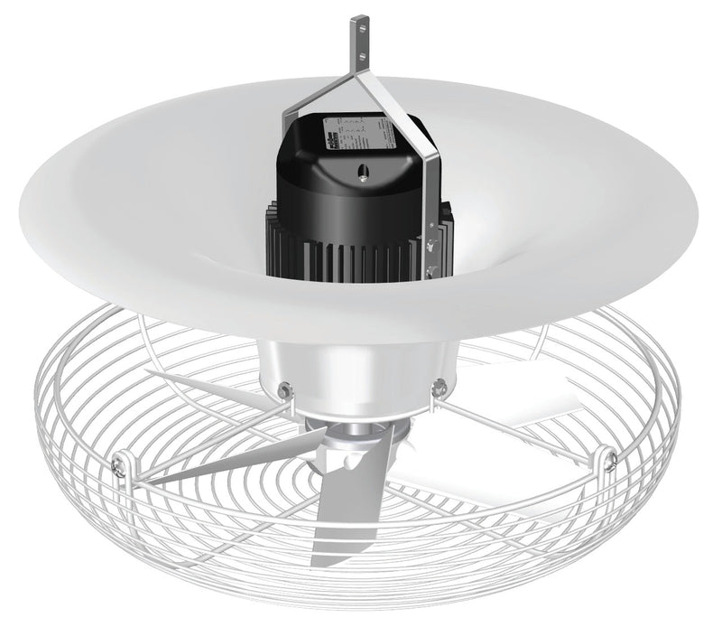 J&D JD360 destratification fan, view from above showing the motor and white funnel