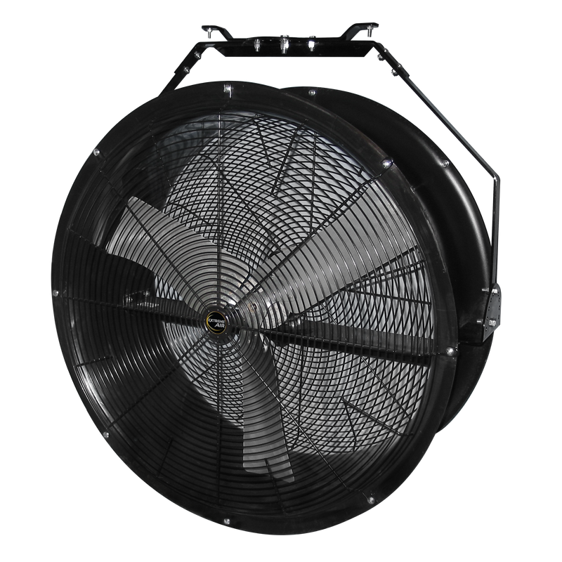 J&D Poly Chiller black polyethylene circulation fan hanging from its multi-position bracket