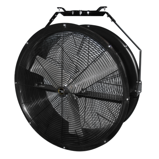 J&D Poly Chiller black polyethylene circulation fan hanging from its multi-position bracket