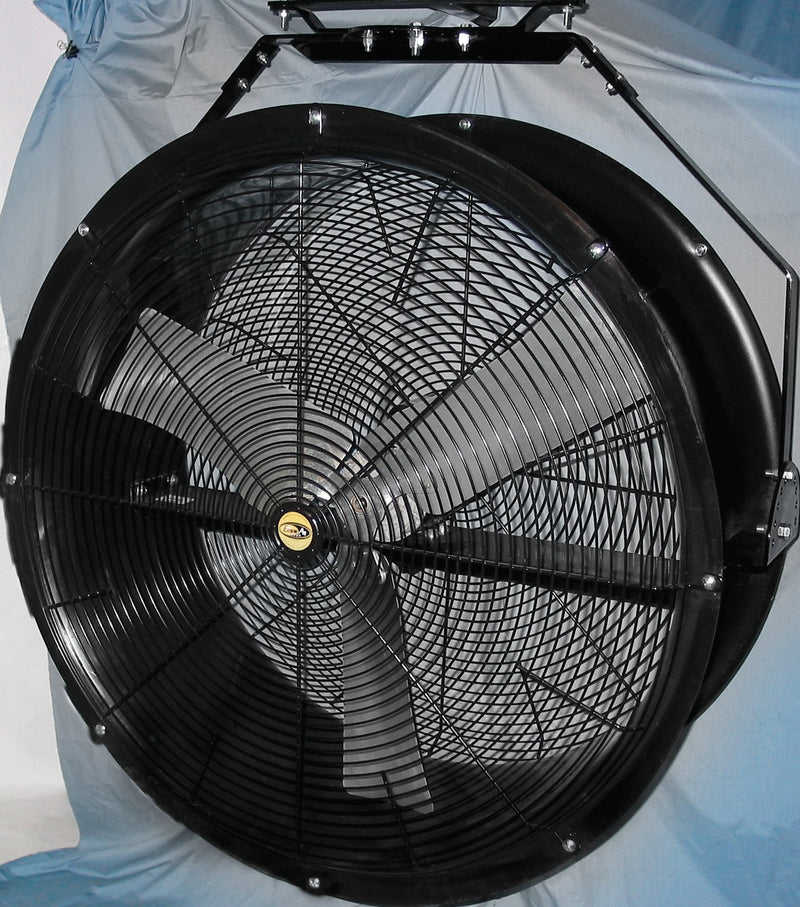 J&D Poly Chiller circulation fan, front three-quarter view showing the guard and bracket
