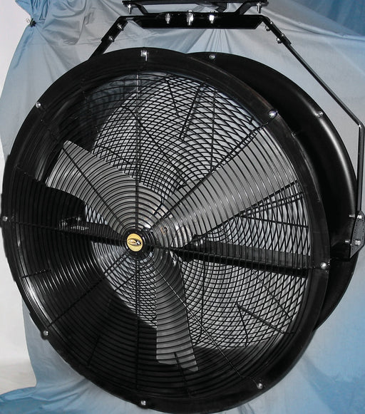 J&D Poly Chiller circulation fan, front three-quarter view showing the guard and bracket