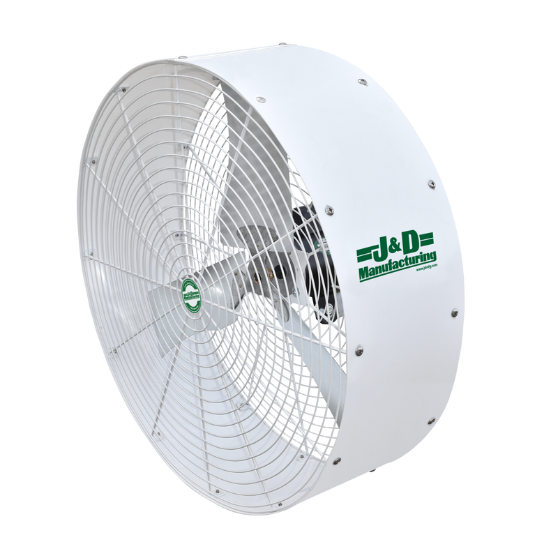 J&D Poly Stormer 36" white polyethylene circulation fan with galvanized bracket