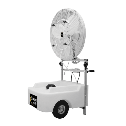 J&D Portable Cooling Unit with oscillating misting fan on a wheeled tank cart