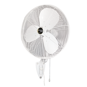 J&D POW oscillating wall mount fan in white, front view on its wall bracket