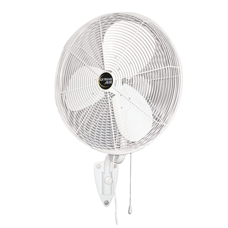 J&D POW oscillating wall mount fan in white, front view on its wall bracket