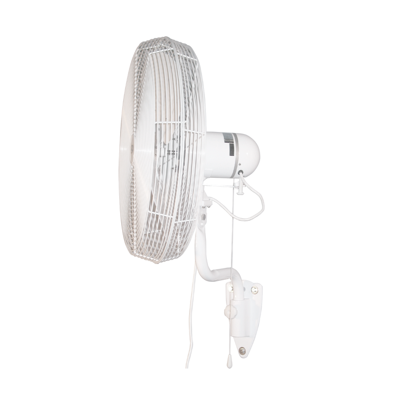 J&D POW oscillating wall mount fan, side view of the motor, bracket and pull chain