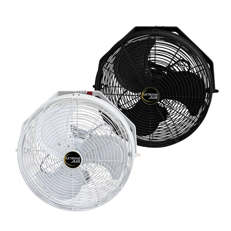 J&D POW indoor/outdoor 18" fans in white and black on tilt-and-swivel brackets