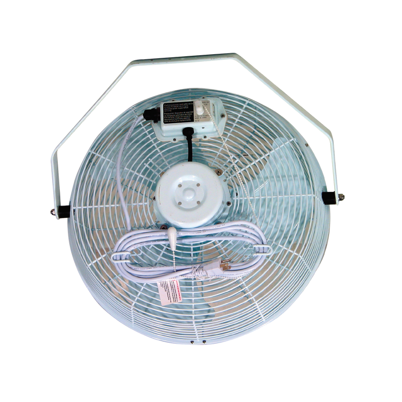 J&D POW indoor/outdoor fan, rear view of the motor, bracket and cord
