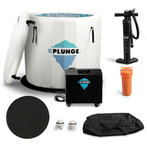 KPlunge CP-IFBAR-1HP inflatable cold plunge with chiller, lid, pump and accessories on white
