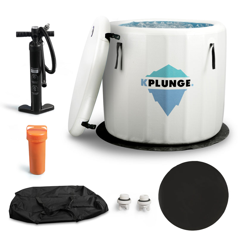 KPlunge CP-IFBAR inflatable cold plunge with lid, pump and accessories on white