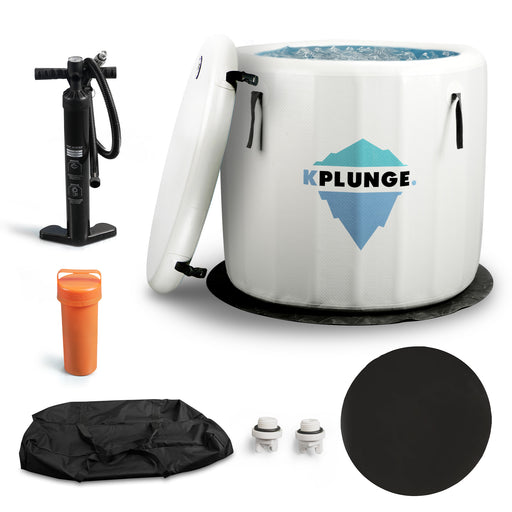 KPlunge CP-IFBAR inflatable cold plunge with lid, pump and accessories on white