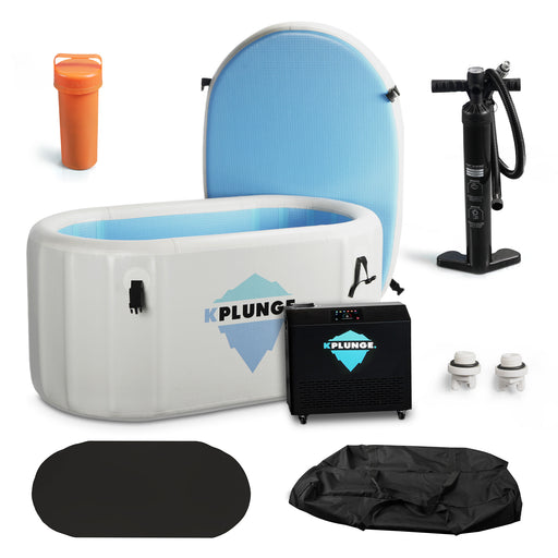 KPlunge CP-IFTUB-08HP inflatable cold plunge with chiller, lid, pump and accessories on white