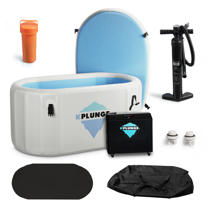 KPlunge CP-IFTUB-1HP inflatable cold plunge with chiller, lid, pump and accessories on white