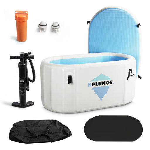 KPlunge CP-IFTUB inflatable cold plunge with lid, pump and accessories on white