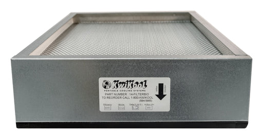 KwiKool 14-FILTERBIO HEPA filter in its galvanized steel case, with part label and airflow arrow