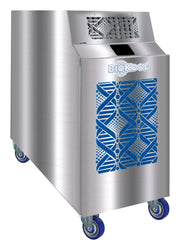 KwiKool BioKool stainless spot cooler with blue grille, front three-quarter view
