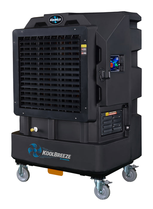 KwiKool KoolBreeze KB105L1 black evaporative cooler with louvered grille, front three-quarter view