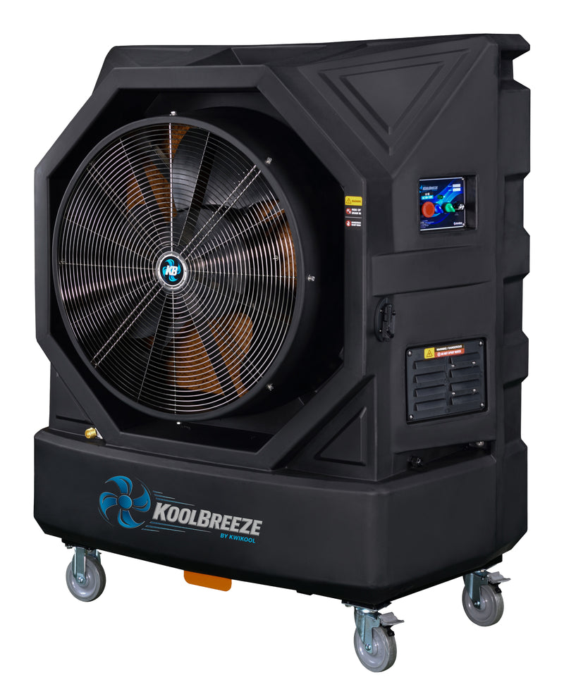 KwiKool KoolBreeze KB130X1 black evaporative cooler with open fan guard, front three-quarter view