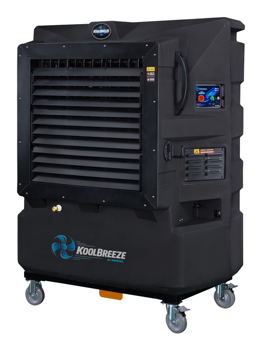 KwiKool KoolBreeze KB145L1 black evaporative cooler with louvered grille, front three-quarter view