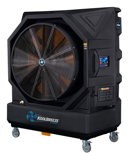 KwiKool KoolBreeze KB190 black evaporative cooler with 42" open fan, front three-quarter view
