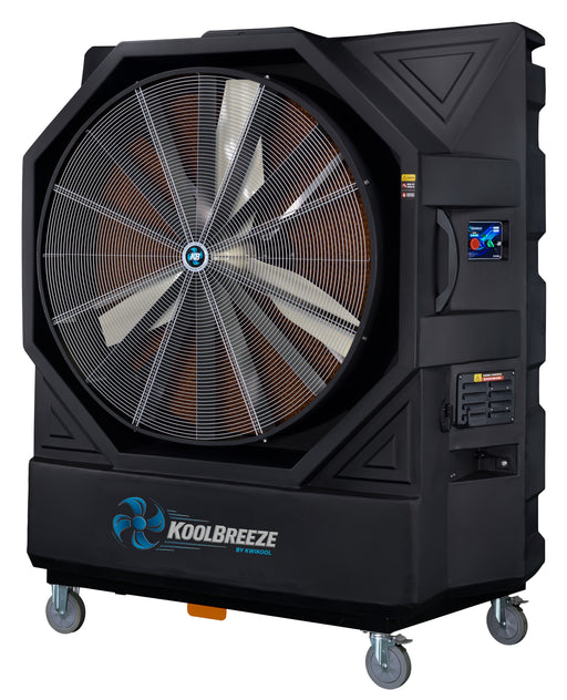 KwiKool KoolBreeze KB280 black evaporative cooler with 50" open fan, front three-quarter view