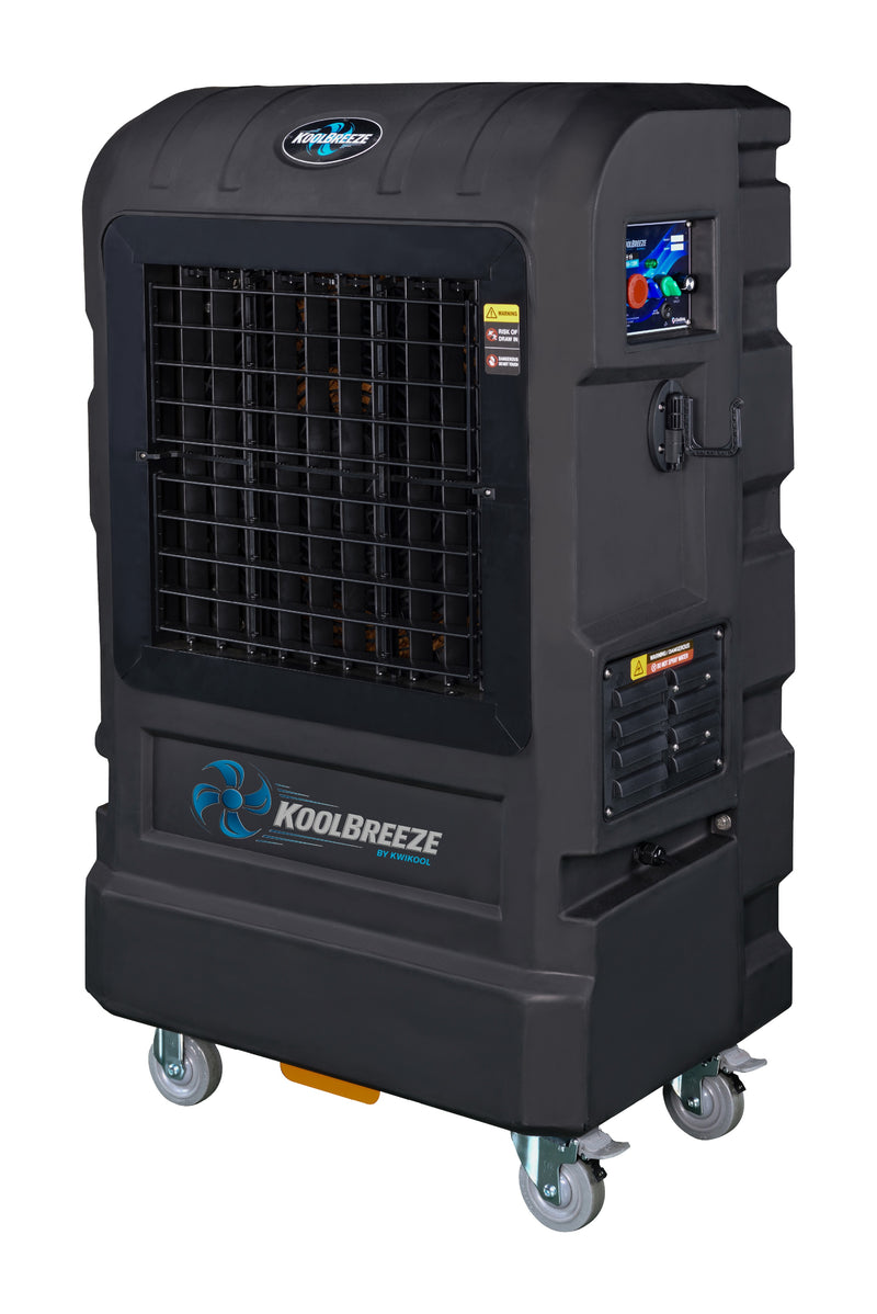 KwiKool KoolBreeze KB80L1 black evaporative cooler with louvered grille, front three-quarter view