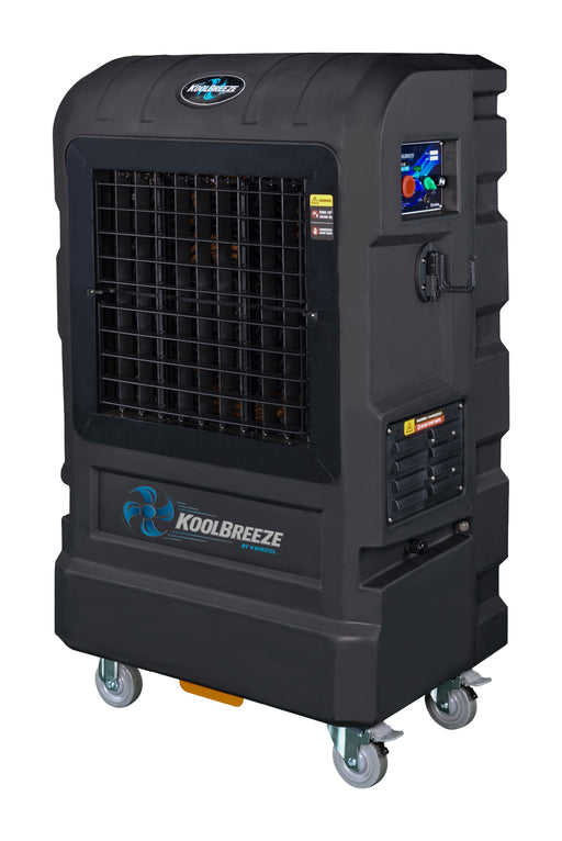 KwiKool KoolBreeze KB80L1 black evaporative cooler with louvered grille, front three-quarter view
