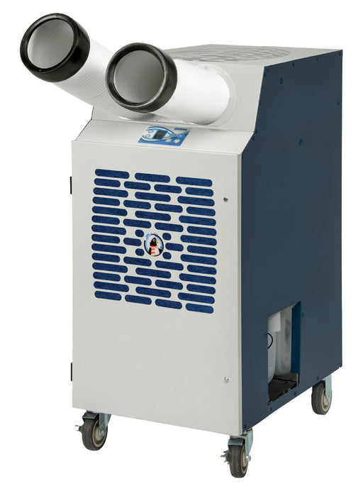 KwiKool KPAC II 2-ton spot cooler with two white air chutes, front three-quarter view
