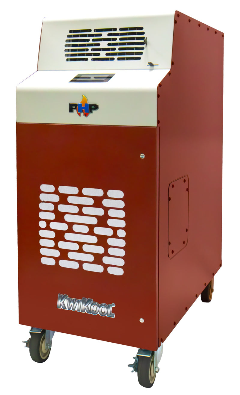 KwiKool PHP KPHP1811-3 red heat pump spot cooler, three-quarter view from the left