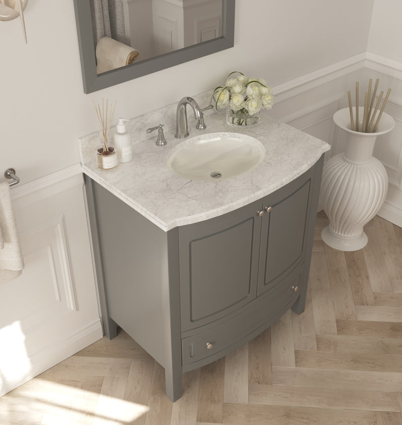Laviva 3130709-32G-WC Estella 32" Grey vanity with White Carrara marble top, angled view with doors closed