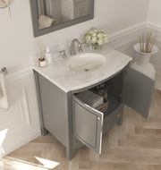 Laviva 3130709-32G-WC Estella 32" Grey vanity with White Carrara marble top, angled view with doors open showing the shelf