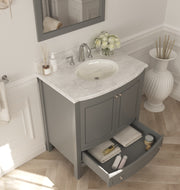 Laviva 3130709-32G-WC Estella 32" Grey vanity with White Carrara marble top, angled view with the drawer open