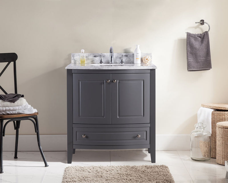 Laviva 3130709-32G-WC Estella 32" Grey vanity with White Carrara marble top, installed in a bathroom