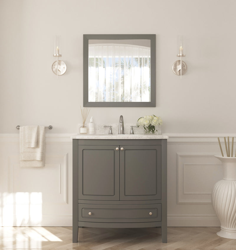 Laviva 3130709-32G-WC Estella 32" Grey vanity with White Carrara marble top, front view in a bathroom under a mirror