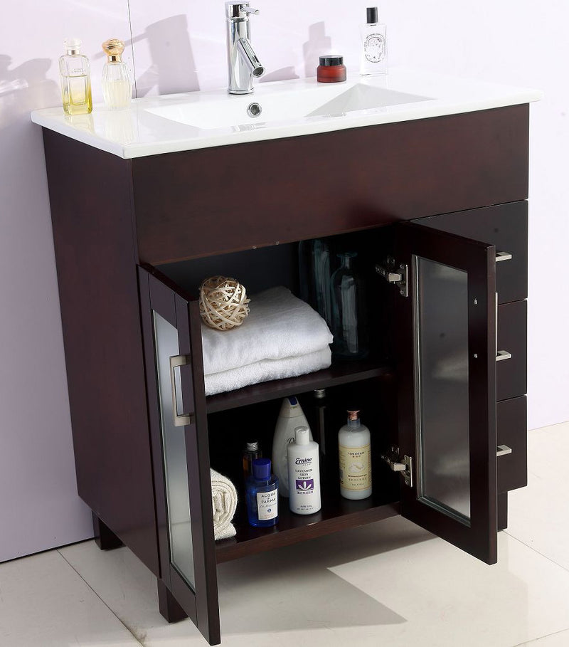 Laviva 31321529-32B-CB Nova 32" Brown vanity with White ceramic top, doors open on a white background