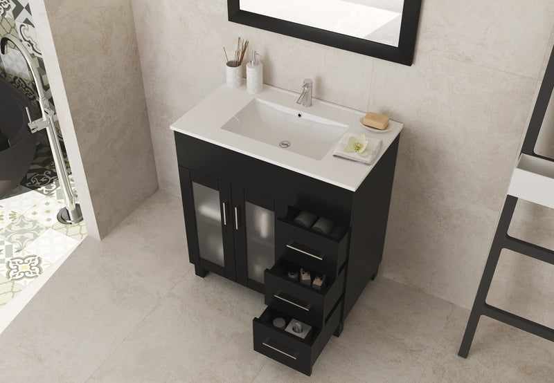 Laviva 31321529-32E-CB Nova 32" Espresso vanity with White ceramic top, angled view with the drawer open