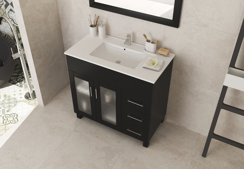 Laviva 31321529-36E-CB Nova 36" Espresso vanity with White ceramic top, angled view with doors closed