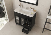 Laviva 31321529-36E-CB Nova 36" Espresso vanity with White ceramic top, angled view with the drawer open