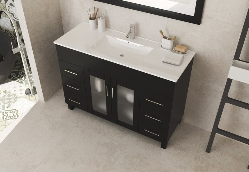 Laviva 31321529-48E-CB Nova 48" Espresso vanity with White ceramic top, angled view with doors closed