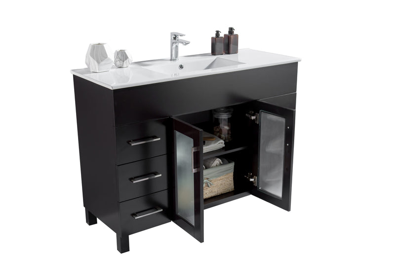 Laviva 31321529-48E-CB Nova 48" Espresso vanity with White ceramic top, doors open on a white background