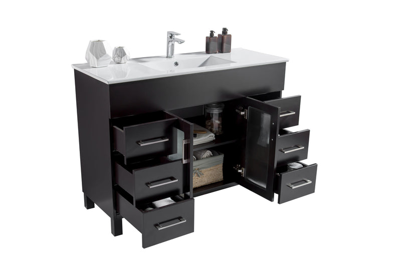 Laviva 31321529-48E-CB Nova 48" Espresso vanity with White ceramic top, drawers open on a white background