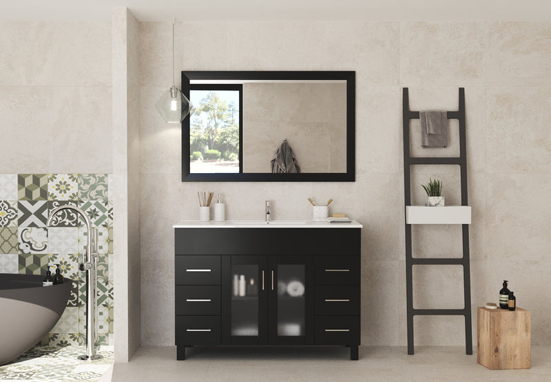 Laviva 31321529-48E-CB Nova 48" Espresso vanity with White ceramic top, front view in a bathroom under a mirror