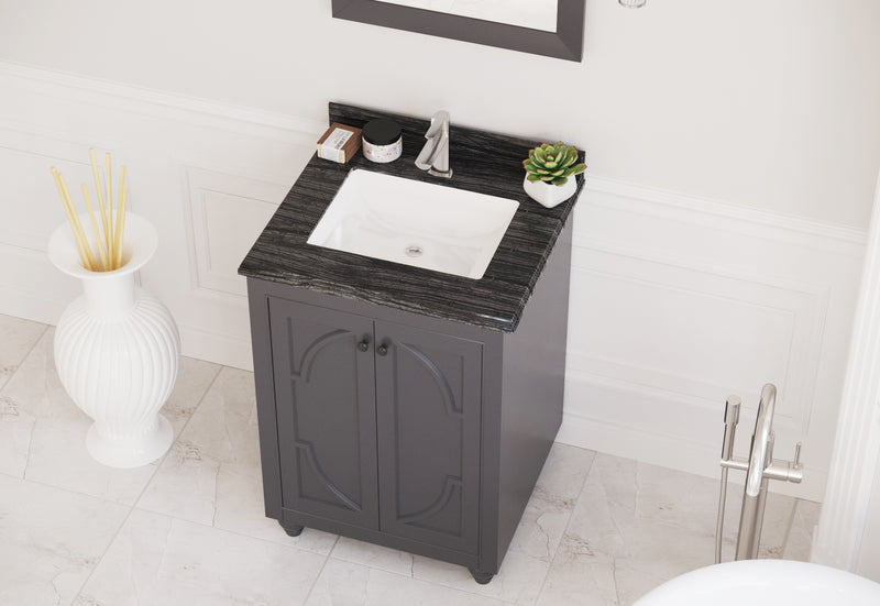 Laviva 313613-24G-BW Odyssey 24" Maple Grey vanity with Black Wood marble top, installed in a bathroom