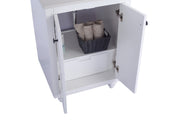Laviva 313613-24W Odyssey 24" White vanity cabinet, angled view with doors and drawer open