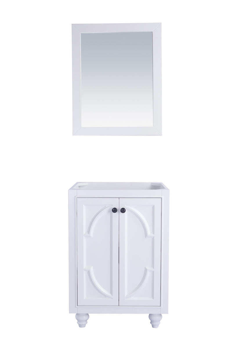 Laviva 313613-24W Odyssey 24" White vanity cabinet, front view on white, styled with a mirror
