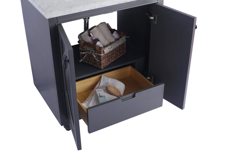Laviva 313613-30G Odyssey 30" Maple Grey vanity cabinet, angled view with doors and drawer open