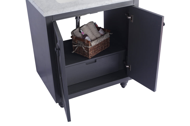 Laviva 313613-30G Odyssey 30" Maple Grey vanity cabinet, angled view with doors open